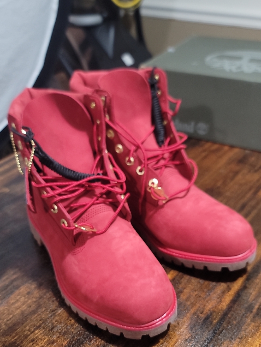 Timberland Red Lace-Up Ankle Boots with Gold Hardware